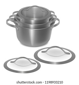 set of empty steel pots with lids. isolated image. realistic style. vector illustration.