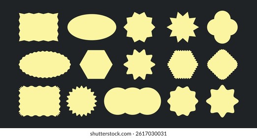 
Set of Empty Sticker Label Shapes in Yellow Color. Collection of Geometric Badges, Starbursts, Rounded and Wavy Frames. Vector Template for Design Elements.