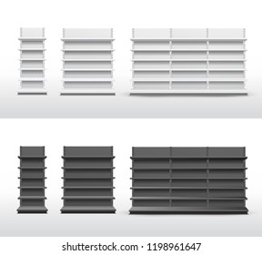 Set of Empty store shelves. Abstract concept graphic showcase display element. Black and white supermarket product advertising blank mockup. Vector illustration. Isolated on white background.