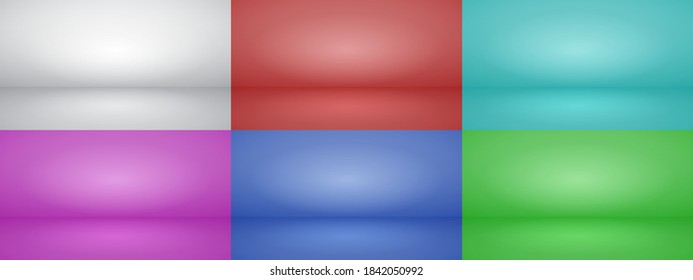 Set of empty studio backgrounds with soft lighting in white, red, light blue, purple, blue and green colors