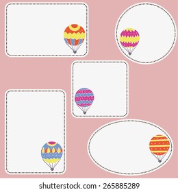 set of empty tags with hand drawn air balloons, labels with empty space for your text here, isolated design objects