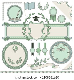 Set of empty templates for design of diploma or education certificate.
Vintage frames, corners, decorative elements and symbols isolated on white background.