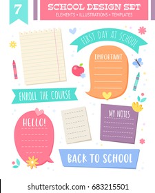 Set of empty templates and speech bubbles with space for text in school cartoon style, paper sheets from notebooks