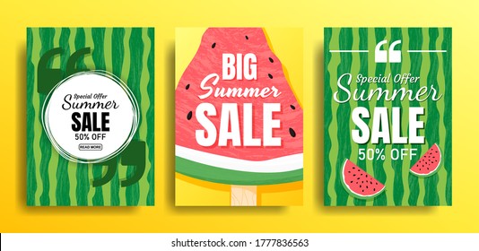 Set of empty templates with summer themes on a watermelon background. Design of advertising banners. Vector illustrations for websites and mobile websites, email design, posters, promotional materials