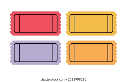 Un conjunto de iconos de tickets vacíos. Plantilla de diseño de boletos retro. Entradas para cine, cine, circo, carnaval, cine, festival, etc. Ilustración vectorial.