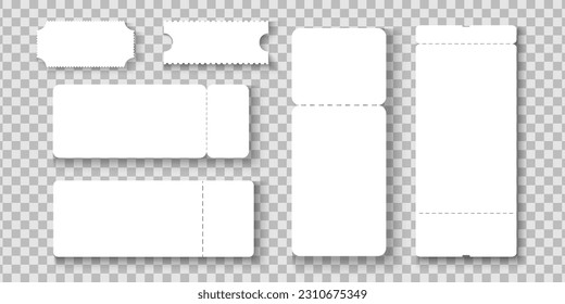 Set of empty ticket or lottery mockups. Blank paper entry tickets for airplane, concert, cinema, museum, festival, theater, exhibition isolated on transparent background. Vector realistic illustration