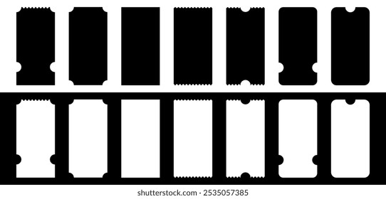 Set of empty ticket or lottery mockups. Blank paper entry tickets for airplane, concert, cinema, museum, festival, theater and exhibition. Vector illustration isolated on black and white background