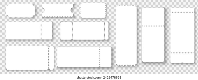 Set of empty tickets mock ups. White paper lottery, coupon, receipt. Templates of cards for plane boarding, museum, exhibition or theatre entrance, festival or circus seating. Vector illustration.