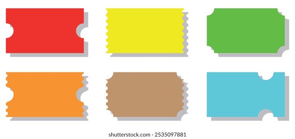 Conjunto de maquetas de boletos vacíos con sombra en diferentes Formas y colores. Ilustración vectorial aislada sobre fondo blanco. 