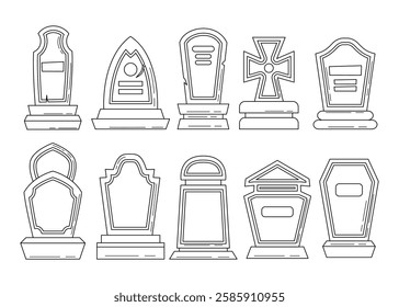 Set of empty tombstone doodle outline collection, halloween Gravestones set. Old Tomb Collection. Ancient RIP, for Halloween, cemetery or tomb, dead funeral concept, vector illustration, 