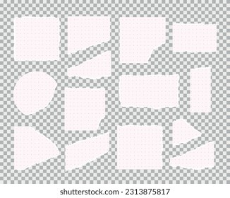 Set of empty torn, ripped white lined, sketchbook, notebook dot paper pieces vector illustrations.
