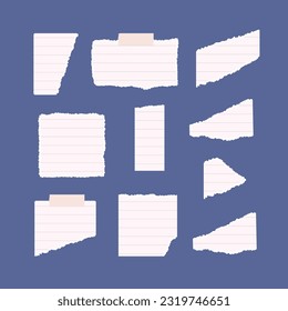 Set of empty torn, ripped white lined, note, notebook paper pieces vector illustrations.