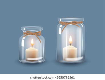 Conjunto de frascos de vidro transparentes vazios com velas