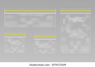 Set of empty transparent plastic zipper bags.Realistic pillow package for food. White blank slim and fat pouch. Nylon zip bag. Stock vector illustration on transparent isolated background.