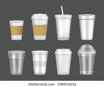 Set of empty transparent realistic cup glasses. Mockup paper, plastic disposable 3D glasses takeaway for cold and hot drinks. Container plastic cup mockups for juice, tea, coffee vector illustration.