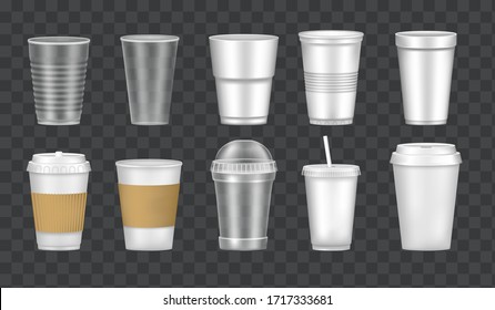 Set Of Empty Transparent Realistic Cup Glasses. Mockup Paper, Plastic Disposable 3D Glasses Takeaway For Cold And Hot Drinks. Container Plastic Cup Mockups For Juice, Tea, Coffee Vector Illustration.