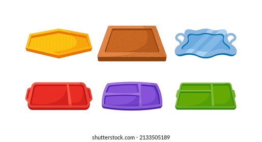 Conjunto de bandejas vacías de plástico, metal o madera, bandejas en blanco para la comida, cocina casera, comidas, fiestas de oficina, eventos de banquetes aislados en fondo blanco. Ilustración del vector de dibujos animados