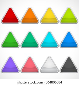 Set of empty triangular icons in different colors. Stickers, buttons