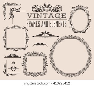 Set of empty vector frames, corners and borders, vintage style with leaves, curls, swirls. Decorative template collection for pictures and photos. Retro design for albums, menu, brochures and labels. 