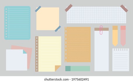 Set of empty vector paper mockup, notes, sticky, colorful banners and pieces of paper with ripped edges on grey background.