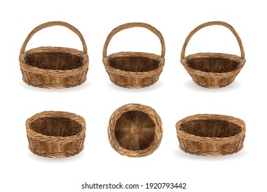 A set of empty vector realistic baskets set in isolation on a white background. Side and top view.Wicker picnic baskets, Easter holiday, container clean.