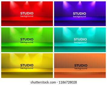 Set of empty vivid color studio table room, red, green, violet, blue, yellow background product display with copy space for display of content design. Vector illustration. Isolated on white background