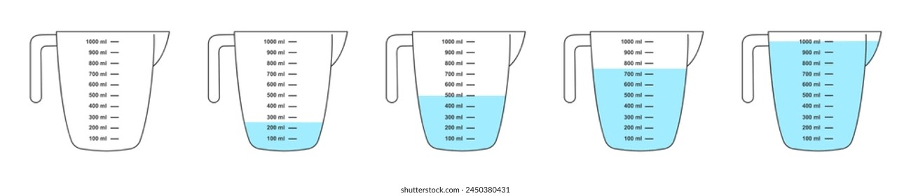 Set de vasos medidores vacíos y llenos de agua con 1 litro de volumen. Contenedores líquidos para cocinar con escala de capacidad de fluido aislados sobre fondo blanco. Ilustración plana de Vector.