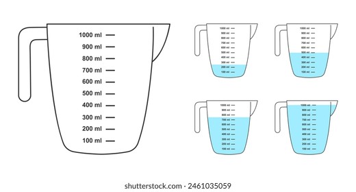 Set of empty and water filled measuring cups with 1 liter volume. Liquid containers for cooking or chemical experiment with fluid capacity scale isolated on white background. Vector flat illustration.