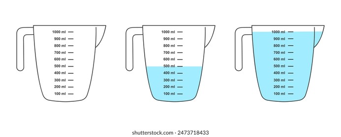 Set of empty and water filled measuring cups with 1 liter volume. Liquid containers for cooking with fluid capacity scale isolated on white background. Vector flat illustration.