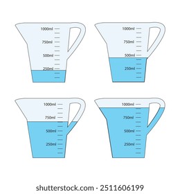 Juego de tazas medidoras vacías y llenas de agua con 1 litro de volumen. Recipientes líquidos para cocinar o experimento químico con escala de capacidad de fluido aislado sobre fondo blanco.