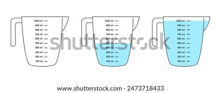 Set of empty and water filled measuring cups with 1 liter volume. Liquid containers for cooking with fluid capacity scale isolated on white background. Vector flat illustration.