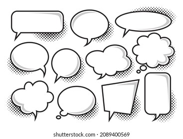 Set of empty white comic speech bubbles with black halftone shadows. Pop art vector illustration.