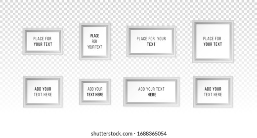 Set of empty white photo frames. Realistic pictures frames isolated on a transparent background. White modern frames on the wall.  Vector collection.