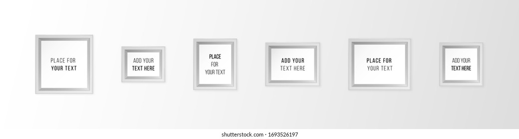 Set leerer weißer Fotorahmen. Weiße, moderne Rahmen an der Wand. Realistische Bilder, Rahmen einzeln auf weißem Hintergrund.  Kollektion von Vektorillustrationen.