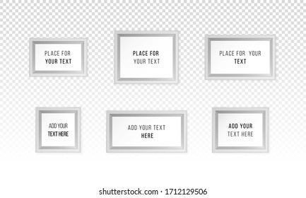 Set of empty white photo frames. Realistic pictures frames isolated on a transparent background. White modern frames on the wall.  Vector collection.