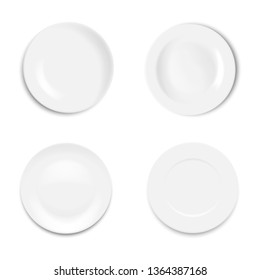 Set empty white plate isolated on white background. Vector illustration.