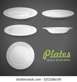 Set of empty white plate on the grey background