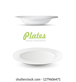 Set of empty white plate on the white background