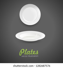 Set of empty white plate on the grey background