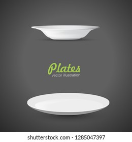 Set of empty white plate on the grey background