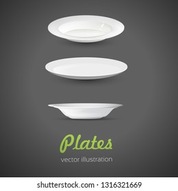 Set of empty white plate on the grey background