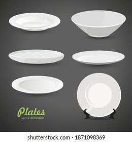 Set of empty white plate on the grey background