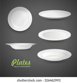 Set Of Empty White Plate On The Grey Background