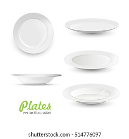 Set Of Empty White Plate On The White Background