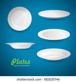 Set of empty white plate on the blue background