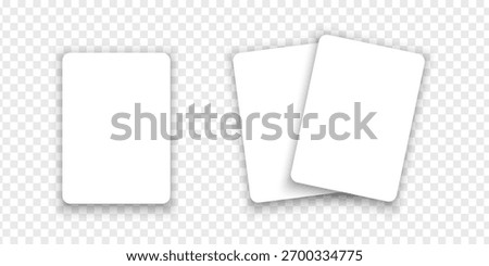 Set of empty white playcards isolated on transparent background. Mockup for blackjack combination in poker game. Paper or plastic play, gift or discount card templates. Vector realistic illustration.