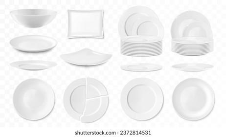 Set of empty white porcelain plates different form and size isolated on white background. Square, round, oval, plates and soup bowls icon. Ceramic ware dishes. Realistic 3d vector design, mock up