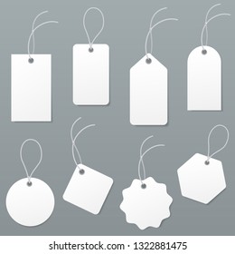 Set of empty white price tags in different shapes. Blank paper labels with string mockup isolated on grey background. luggage tag collection. Vector illustration.