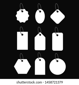 Set Of Empty White Price Tags In Different Shapes. Blank Paper Labels With String Mockup Isolated On Black Background. Luggage Tag Collection. Vector Illustration.