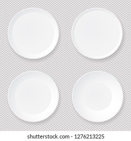 Set of empty white round paper or plastic plates with soft shadow are on squared background. Vector illustration